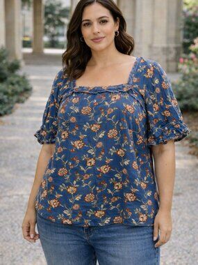 Wonderly Floral Boho Blouse Blue Square Neck Short Sleeve Cottagecore Peasant XL